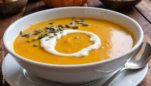 Pumpkin soup with cream and pumpkin seeds in a rustic bowl