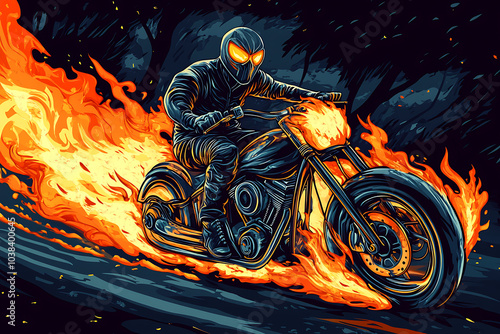 A fiery motorcycle rider speeds through a dark landscape, exuding energy and motion. photo