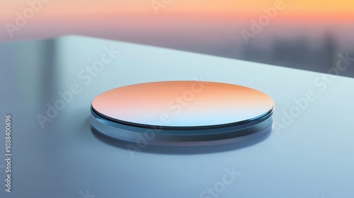 A small, circular glass mirror on a flat surface reflecting a soft gradient of colors, evoking a tranquil visual mood