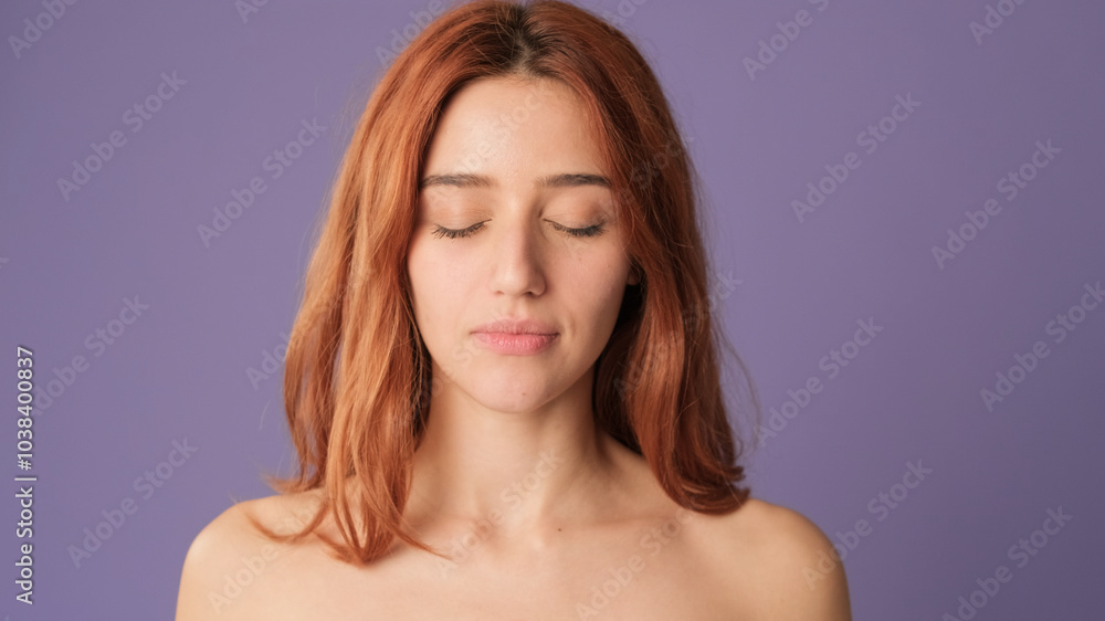 Close-up of red-haired woman with closed eyes in studio on purple background. Beautiful girl poses in studio with blank space on violet wall for your promotion Close-up of red-haired woman with closed eyes in studio on purple background. Beautiful girl poses in studio with blank space on violet wall for your promotion