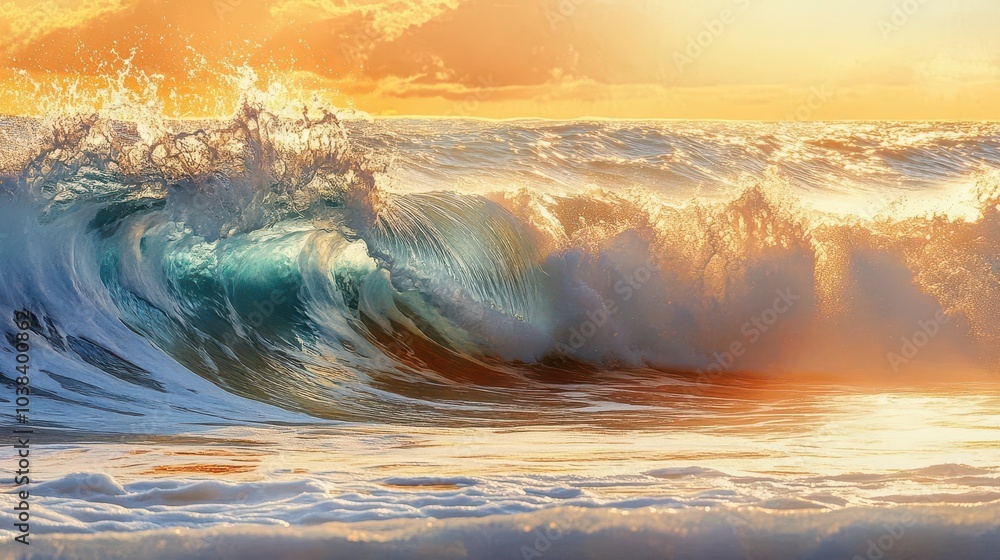 Obraz premium breathtaking tropical wave crashing into a sunlit shore, capturing the essence of summer's beauty in vibrant colors