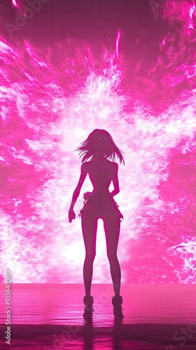 Silhouette of a female game character on pink background