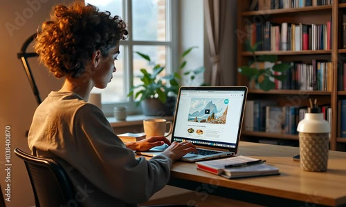 Wallpaper Mural Young woman working on a laptop in a cosy home environment. Evening light, books in the background. A modern style of working remotely. Generated by AI Torontodigital.ca