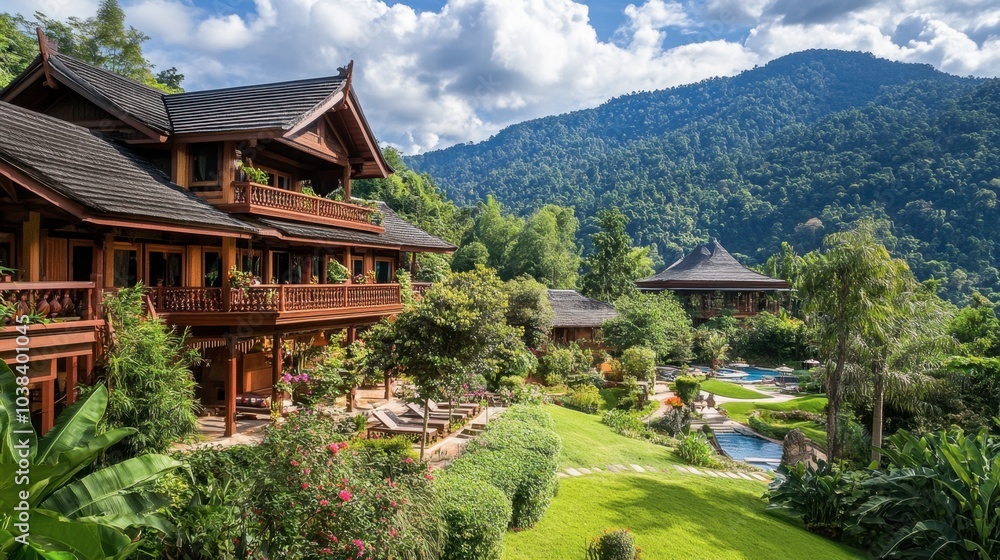 Scenic Mountain Retreat with Lush Gardens and Architecture Scenic Mountain Retreat with Lush Gardens and Architecture