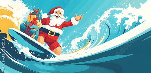 Santa Claus surfing on a wave while joyfully delivering presents during a sunny holiday season at the beach