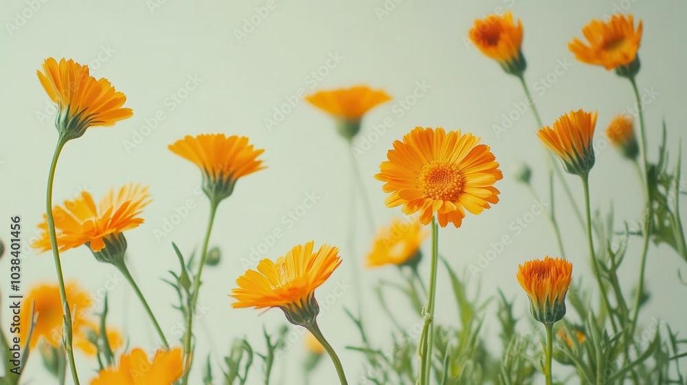 Fototapeta premium bright orange calendula flowers bloom, their petals radiating warmth against a crisp white background, highlighting the beauty of nature's simplicity and vibrancy