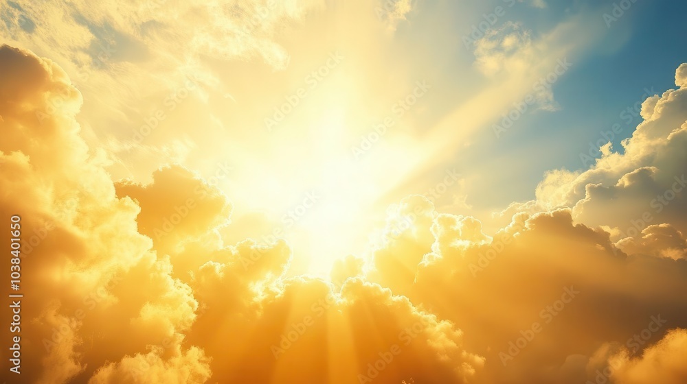 bright rays of sunlight pierce through fluffy clouds, casting a golden glow that symbolizes hope and divinity, creating an uplifting and ethereal scene bright rays of sunlight pierce through fluffy clouds, casting a golden glow that symbolizes hope and divinity, creating an uplifting and ethereal scene