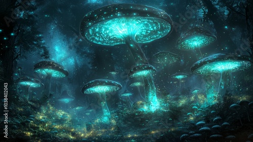 A planet dominated by giant, bioluminescent fungi, with enormous mushroom forests lighting up the dark night photo