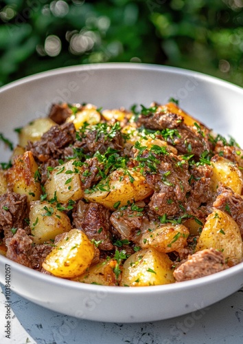 Slow cooker beef and potato in a white plate close up