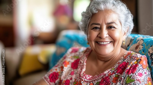 bright, warm portrait of a joyful senior latina woman in a nursing home, radiating happiness, surrounded by a cozy, nurturing environment to showcase care and comfort