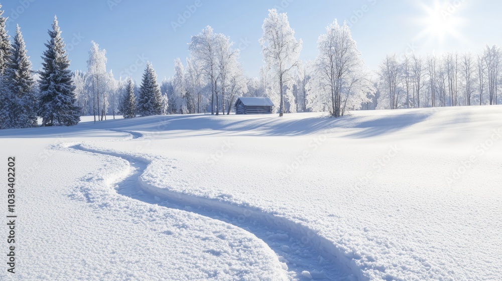 Obraz premium Tranquil Winter Scene: Serene Path through Snowy Landscape to Remote Cabin in Ice Age Environment