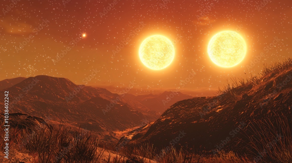 A planet orbiting sun with a unique day/night cycle where both stars set together, creating a rare, golden twilight A planet orbiting sun with a unique day/night cycle where both stars set together, creating a rare, golden twilight