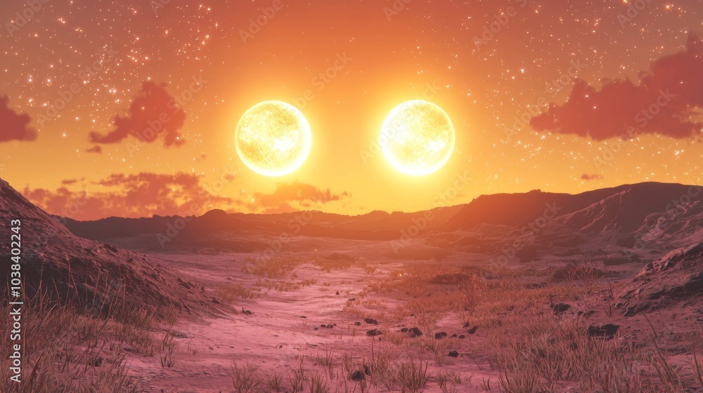 A planet orbiting sun with a unique day/night cycle where both stars set together, creating a rare, golden twilight A planet orbiting sun with a unique day/night cycle where both stars set together, creating a rare, golden twilight
