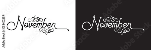 Hey November. Calligraphy Handwritten Black and white Color Text On white and black  Background.  Vector illustration. EPS 10