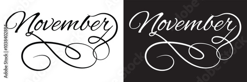 Hey November. Calligraphy Handwritten Black and white Color Text On white and black  Background.  Vector illustration. EPS 10