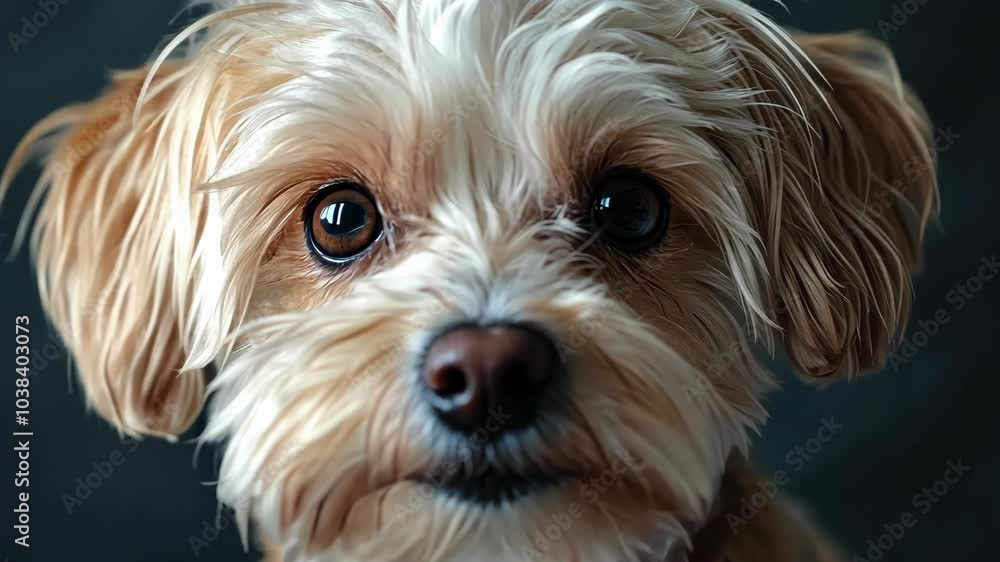 A small, brown and white dog looks directly at the camera with large, dark eyes A small, brown and white dog looks directly at the camera with large, dark eyes