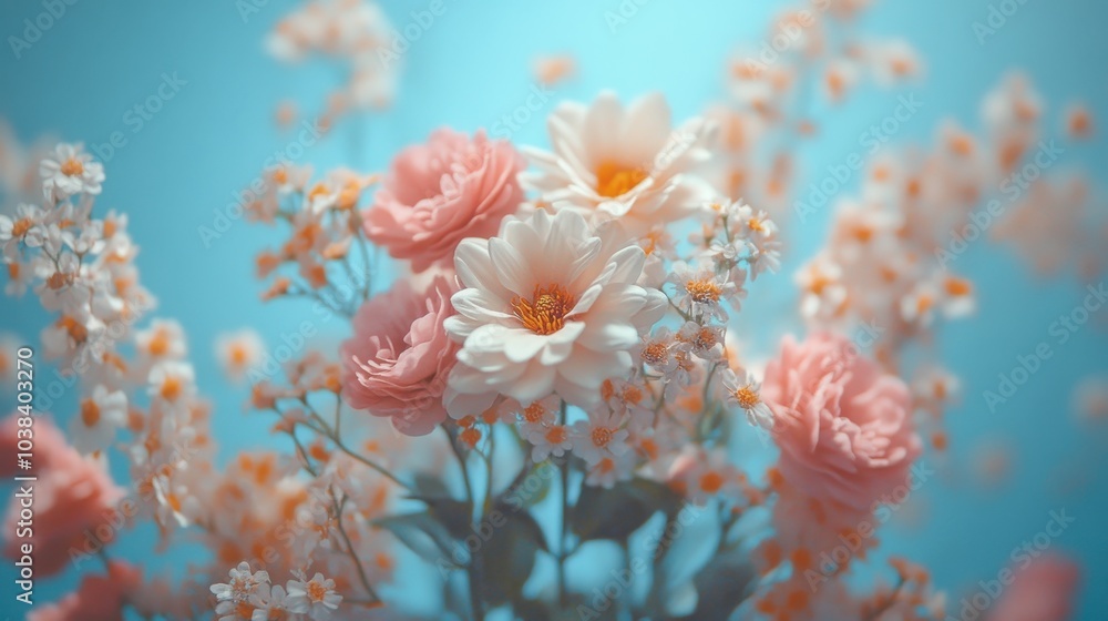 A beautiful bouquet of fresh spring colorful pastel flowers, flat lay on a pastel blue gentle romantic background concept. Generative AI. A beautiful bouquet of fresh spring colorful pastel flowers, flat lay on a pastel blue gentle romantic background concept. Generative AI.