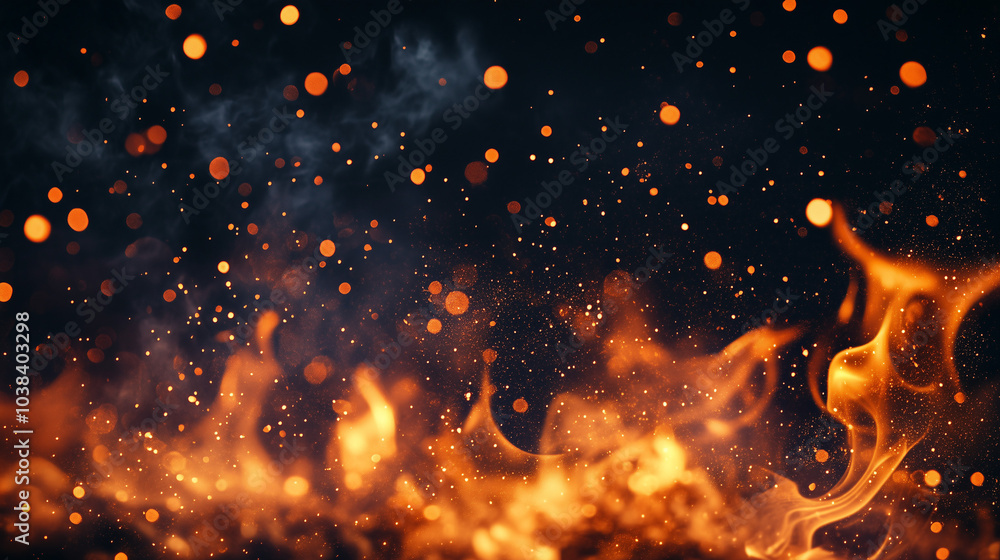 Naklejka premium Rozmyte iskry unoszą się w powietrzu na tle głębokiej czerni, tworząc efekt eterycznego ognia.