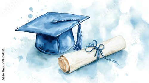a watercolor illustration of a graduation cap with a blue tassel alongside a rolled diploma tied with string