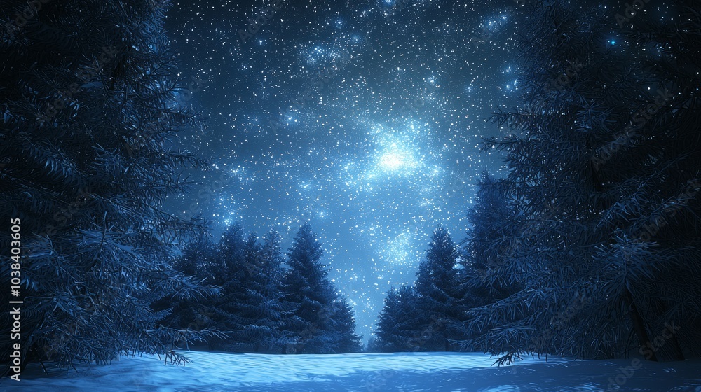 Majestic Night Sky in Ice Age Environment - Ultra-Detailed Snowy Landscape with Silhouetted Trees and Starry Night Majestic Night Sky in Ice Age Environment - Ultra-Detailed Snowy Landscape with Silhouetted Trees and Starry Night