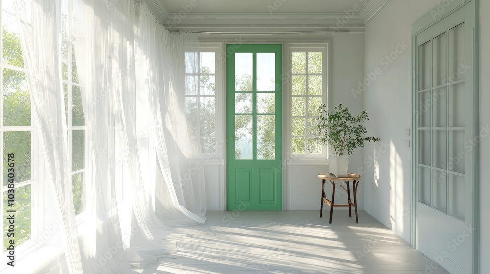 Fototapeta premium Bright Sunroom Illustration with Green Door and Plants