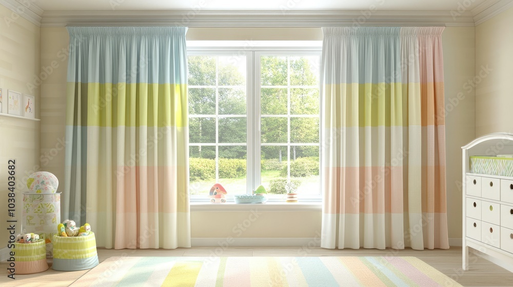 Fototapeta premium Charming Nursery with Colorful Curtains and Soft Decor