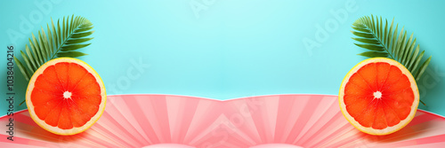 A vibrant tropical banner showcasing a juicy grapefruit and a lush palm tree against a bright blue background. The colorful design evokes the essence of summer