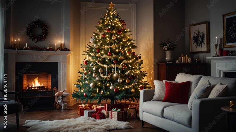 A beautifully decorated Christmas tree stands tall in a cozy living room, illuminated by twinkling lights and a warm fireplace. Presents are piled beneath the tree, creating a festive atmosphere. A beautifully decorated Christmas tree stands tall in a cozy living room, illuminated by twinkling lights and a warm fireplace. Presents are piled beneath the tree, creating a festive atmosphere.