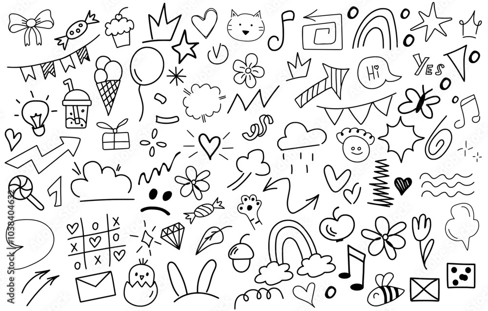 Big set of Hand-Drawn Doodle Elements Set – Fun Sketch Icons and Symbols for Notes and Design. Big set of Hand-Drawn Doodle Elements Set – Fun Sketch Icons and Symbols for Notes and Design.
