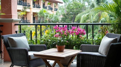 An inviting balcony setting with stylish chairs, a wooden table, and flourishing potted flowers, offering a tranquil space for relaxation and enjoyment.