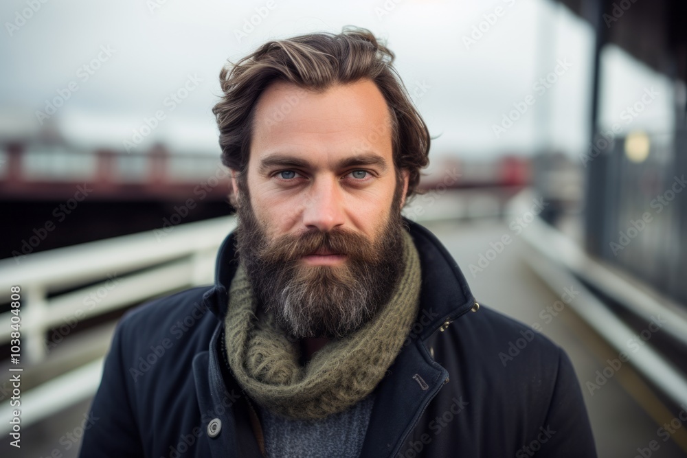 Handsome young man with long beard and moustache in black jacket and scarf on blurred background Handsome young man with long beard and moustache in black jacket and scarf on blurred background