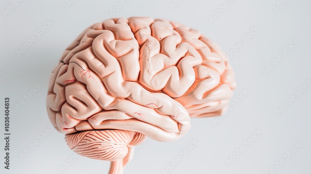Close-up of human brain model with visible tumor, neutral background, soft lighting, medical focus, detailed representation, educational tool for medical professionals and students. Close-up of human brain model with visible tumor, neutral background, soft lighting, medical focus, detailed representation, educational tool for medical professionals and students.