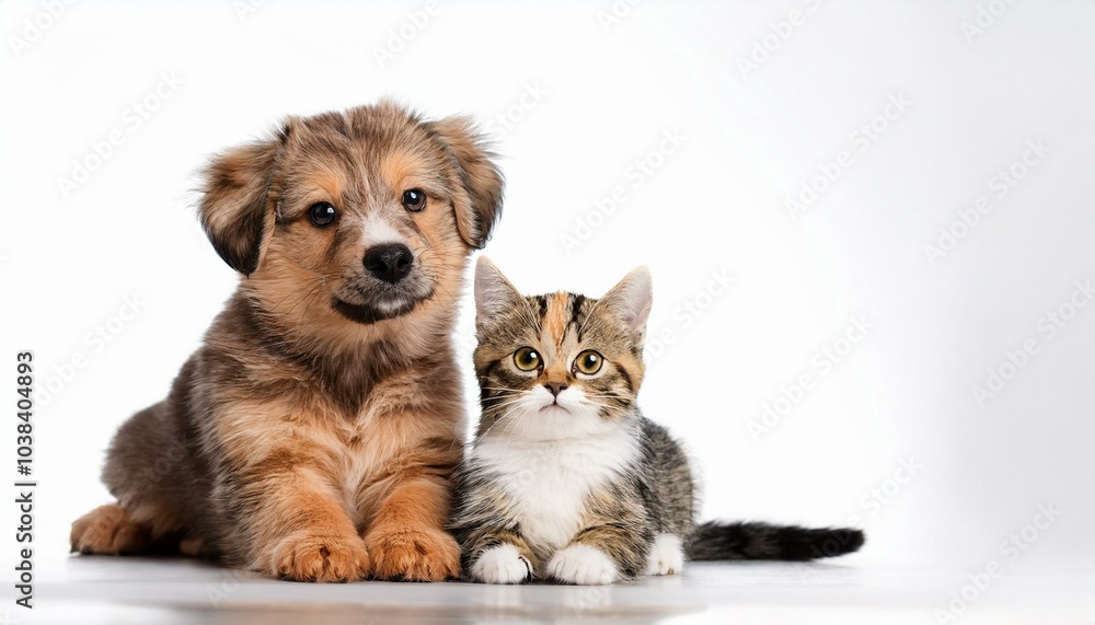 Obraz premium 仲良く一緒に座っている子犬と猫（Puppy and cat sitting together friendly） 