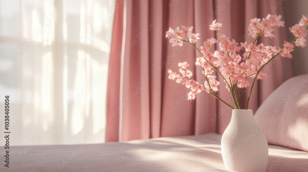 Modern 3D Bedroom Illustration with Floral Accent