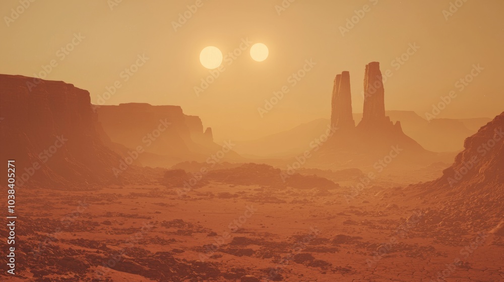 Naklejka premium A barren planet with a rust-colored desert landscape sun in the sky casting long shadows, and rugged, jagged mountain ranges in the distance