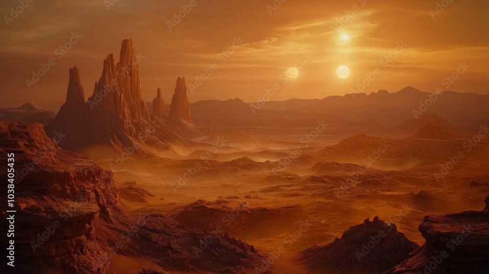 Naklejka premium A barren planet with a rust-colored desert landscape sun in the sky casting long shadows, and rugged, jagged mountain ranges in the distance