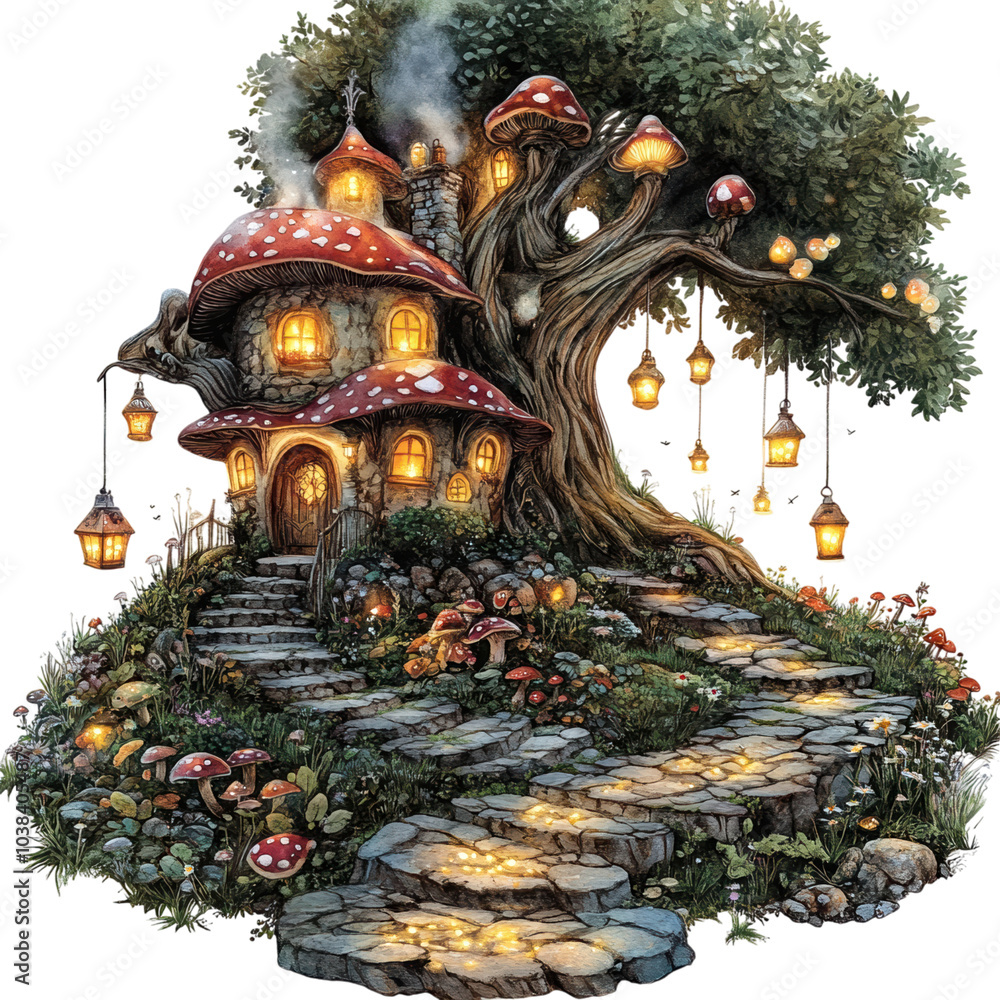 Fototapeta premium Magical treehouse with red mushroom roof and lanterns