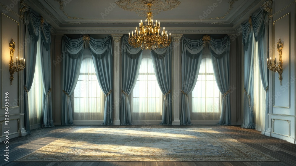 Fototapeta premium Spacious and Elegant Empty Room with Chandelier Lighting