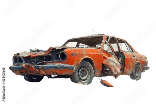 Rusty Abandoned Car with Damaged Body on Transparent Background photo