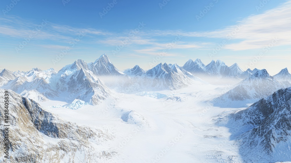 Majestic Ice Age Mountain Range with Glaciers and Snow-Filled Valley Panorama Majestic Ice Age Mountain Range with Glaciers and Snow-Filled Valley Panorama