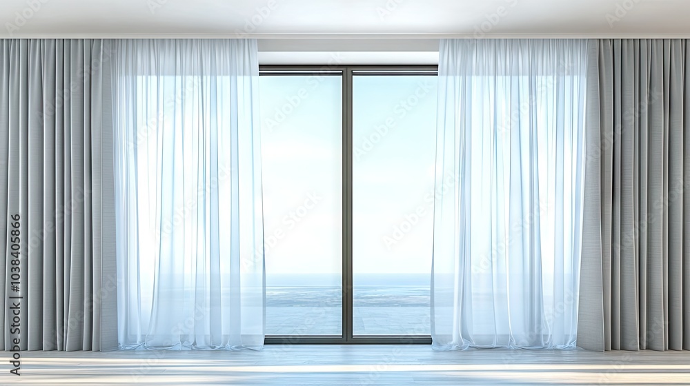 Modern Spacious Room with Large Windows and Curtains Modern Spacious Room with Large Windows and Curtains