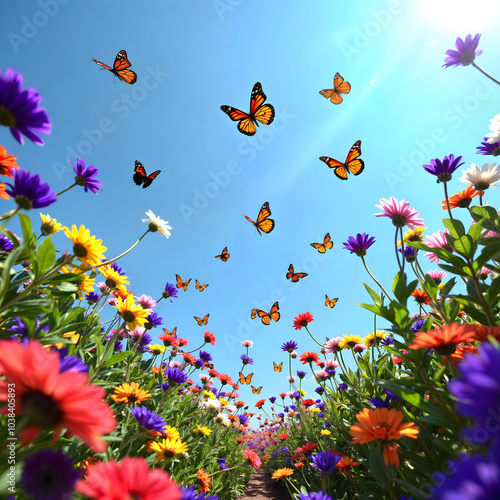 Vibrant and lively scene of a butterfly garden