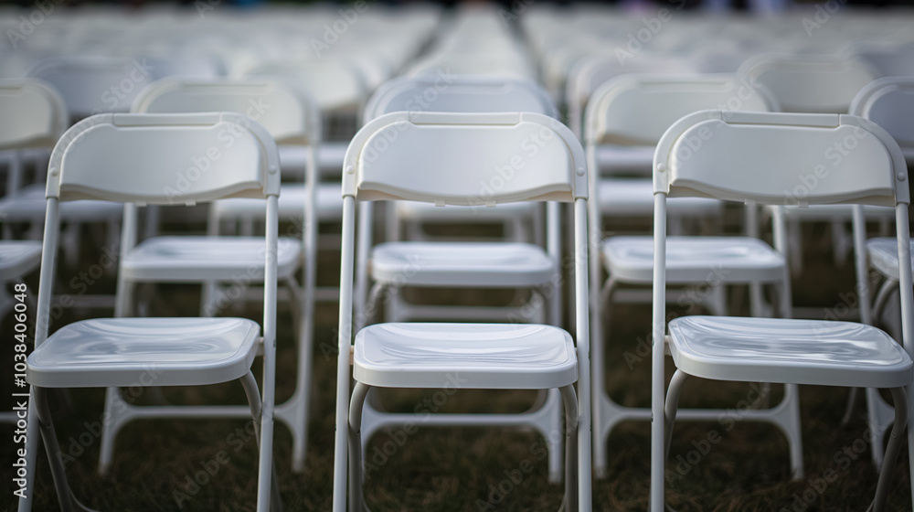 Naklejka premium Rows of white folding chairs outdoors on grass at large gathering event