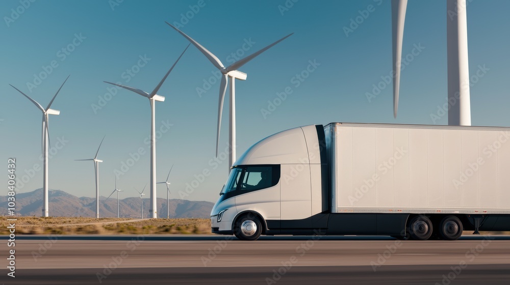 A side profile of a sustainable truck driving along a coastal highway with wind turbines in the background emphasizing clean energy A side profile of a sustainable truck driving along a coastal highway with wind turbines in the background emphasizing clean energy