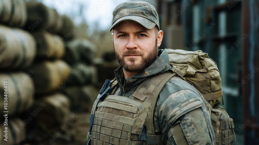 Confident soldier in camouflage with backpack outdoors Confident soldier in camouflage with backpack outdoors