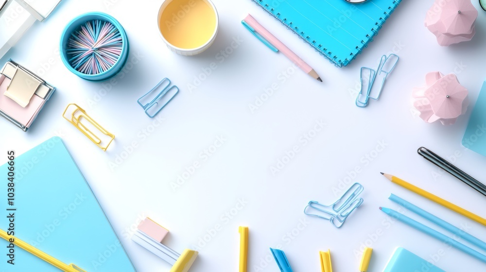 Flat Lay Minimalist Office Desk with Blue and Yellow Stationery Flat Lay Minimalist Office Desk with Blue and Yellow Stationery
