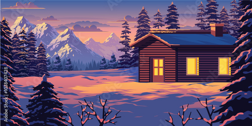 Sunset Snow Mountain Cabin Vector Landscape Illustration