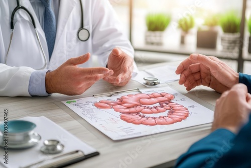 A doctor explaining inflammatory bowel disease to a patient using a diagram of the digestive system photo