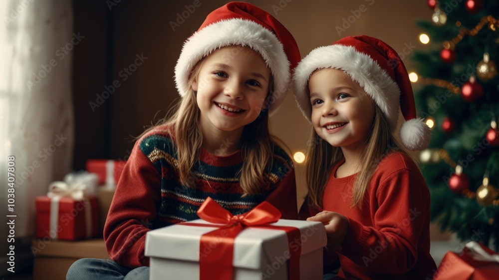 Two young children, a girl and a boy, in Santa hats, smiling happily as they open a Christmas present in front of a decorated Christmas tree. Two young children, a girl and a boy, in Santa hats, smiling happily as they open a Christmas present in front of a decorated Christmas tree.