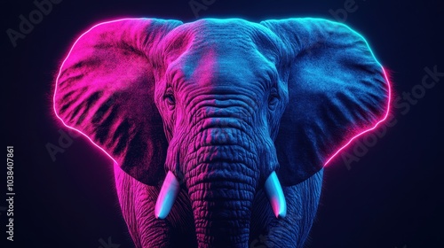 Close-up portrait of a wild animal with blue and pink neon lights. A big powerful elephant. photo